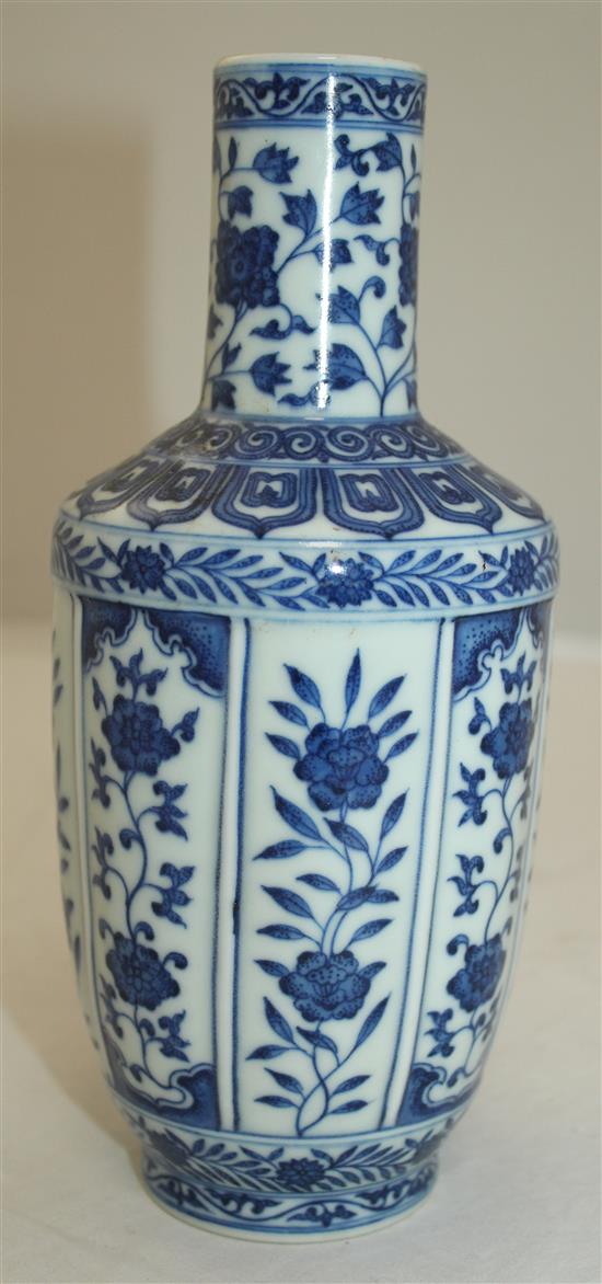 A Chinese blue and white bottle vase, Qianlong mark but later painted in Ming style, 20cm